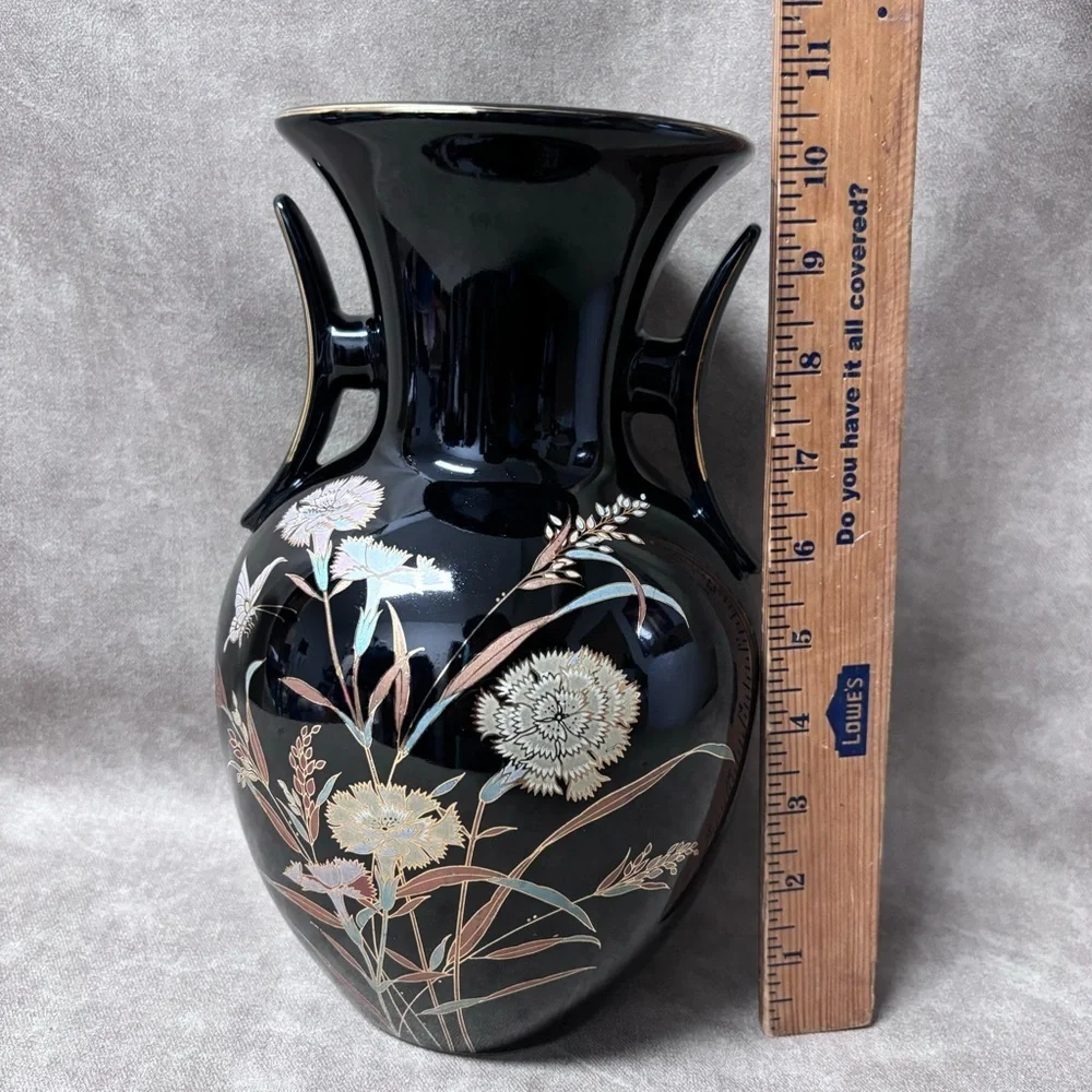 Vintage Made in Japan Black Mini Vase with Hand Painted Flowers *STUNNING*